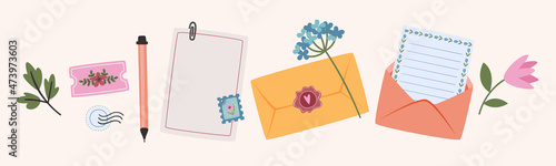 Floral banner with envelopes, letters, pen, and postal stamp. Snail mail concept. Vector illustration.