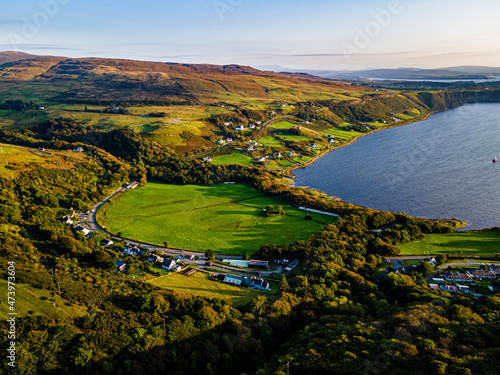 UK, Scotland, Aerial view of village on shore of Uig Bay photo