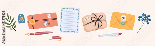 Floral banner with envelopes, letters, pens, and package. Snail mail concept. Vector illustration.