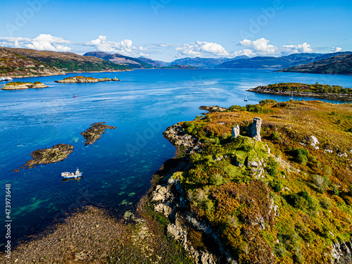 UK, Scotland, Kyleakin, Aerial view of remains of Caisteal Maol and surrounding landscape photo