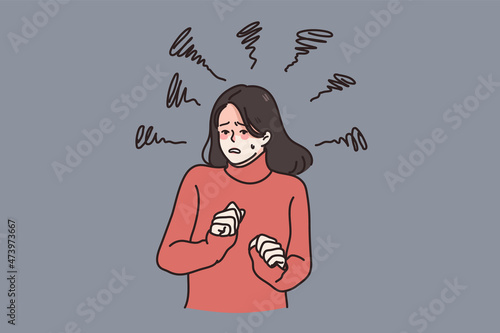 Anxious unhappy woman feel scared depressed suffer from mental psychological disorder. Upset worried female struggle with depression or anxiety panic attack. Healthcare concept. Vector illustration. 