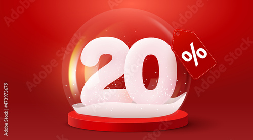 20 percent Off. Discount creative composition. Sale symbol in Glass snow globe. Christmas decorative design.