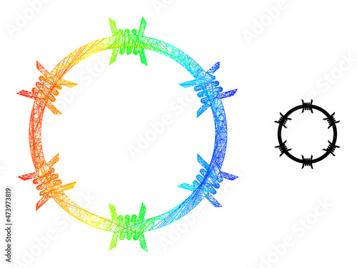 Net mesh barbed wire circle frame icon with spectrum gradient. Bright carcass net barbed wire circle icon. Flat mesh created from barbed wire circle pictogram and crossed lines.
