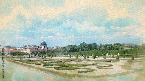 Photography Watercolor pattern of Vienna Austria colorful illustration card cityscape view