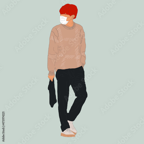 Vector illustration of Kpop street fashion. Street idols of Koreans. Men's fashion idols Kpop. A guy in a beige jacket and black trousers and with a black bag in his hand.
