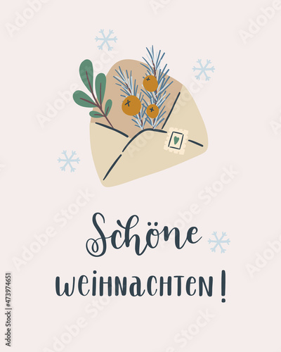 Christmas greeting card with German text. "Schöne Weihnachten!" hand-drawn vector lettering in German, in English means "Merry Christmas!". Christmas postcard design. Vector calligraphy art 