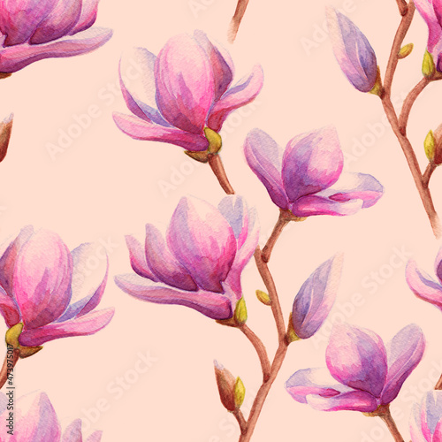 Hand drawn watercolor magnolia seamless pattern