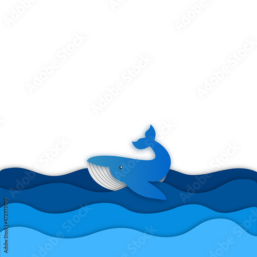 Paper cut out style illustration with a whale in the ocean. Vector illustration with animal on white background for flyers, and banners. Vector sample with ocean.
