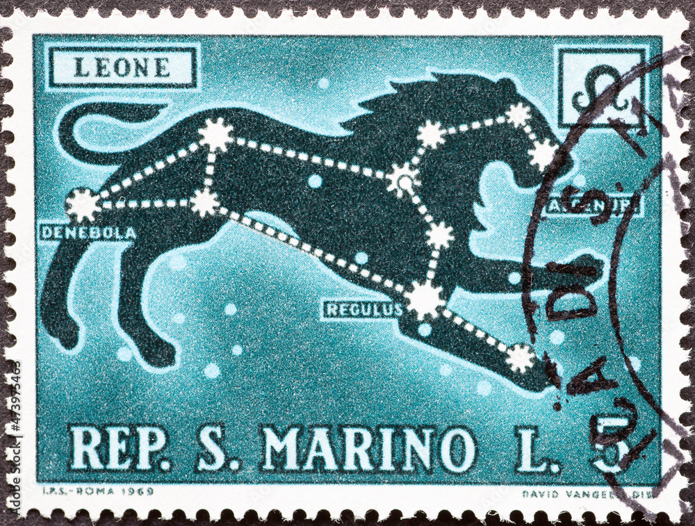 Obraz na płótnie San Marino - circa 1970: A post stamp printed in San Marino showing the zodiac sign Leo - The Lion w salonie