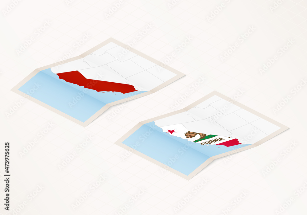 Two versions of a folded map of California with the flag of the country of California and with the red color highlighted. Two versions of a folded map of California with the flag of the country of California and with the red color highlighted.