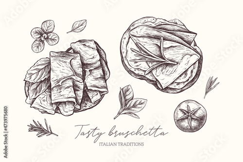 Tasty bruschetta with prosciutto, rosemary, basil, cherry tomato slice linear elements. Italian ingredients. Engraved illustration. Snack