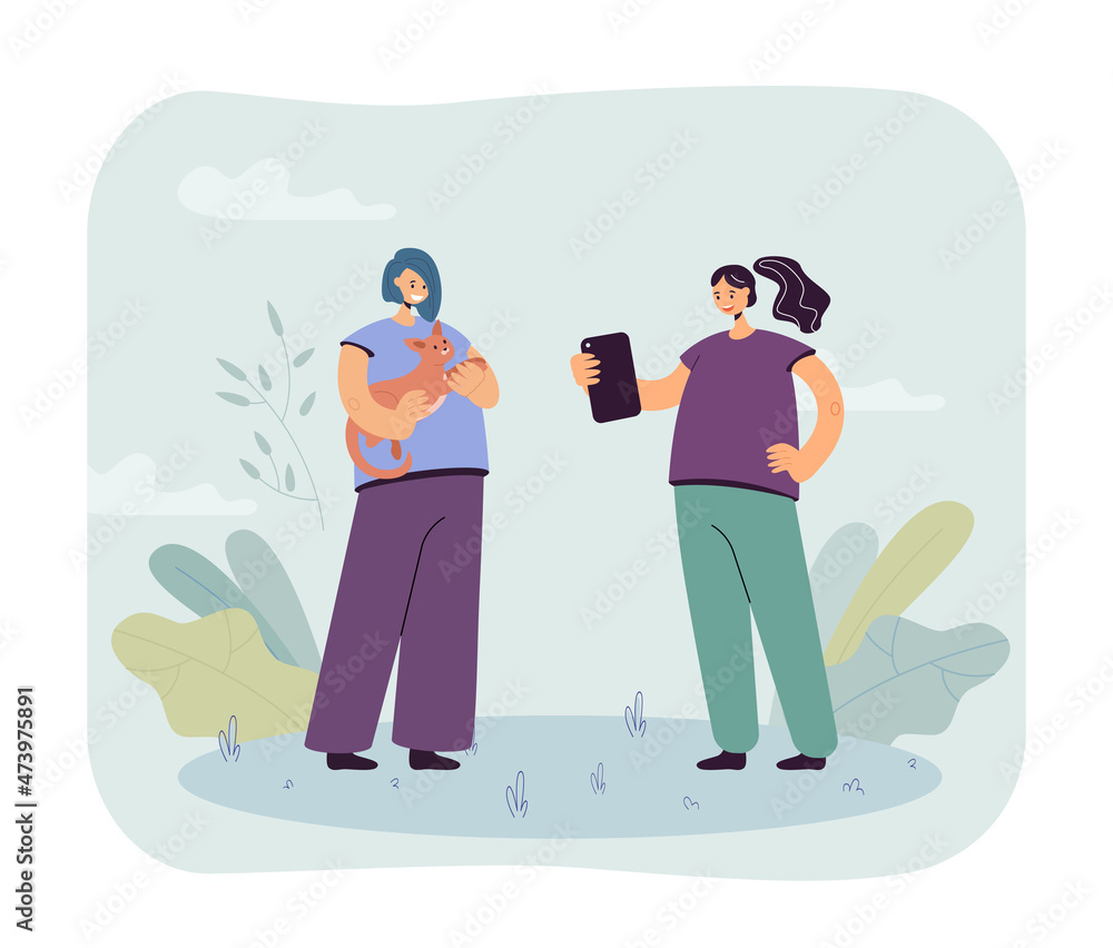 Cartoon girl taking photo of friend holding cute cat. Female character with kitten posing for camera flat vector illustration. Pets, social media concept for banner, website design or landing web page