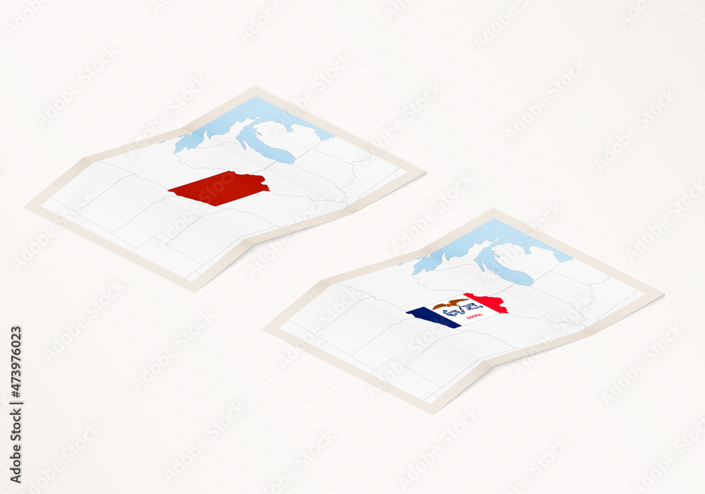 Two versions of a folded map of Iowa with the flag of the country of