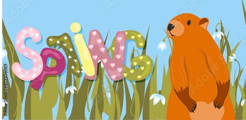 Spring. The inscription on a light background. Trendy trendy background. Groundhog Day horizontal banner. Spring meeting. Cute character marmot rodent