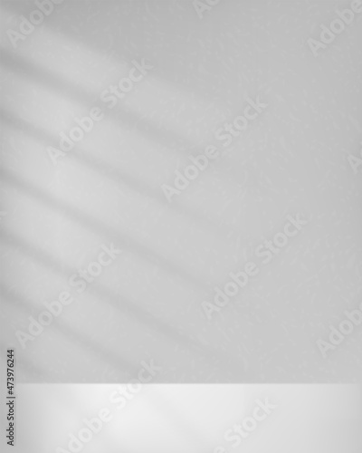 Lights from window on wall and floor. White mockup with shadow from blinds on floor in room. Design mock up vertical empty. Realistic shade reflected. Blank apartment. Overlay effect shadow. Vector