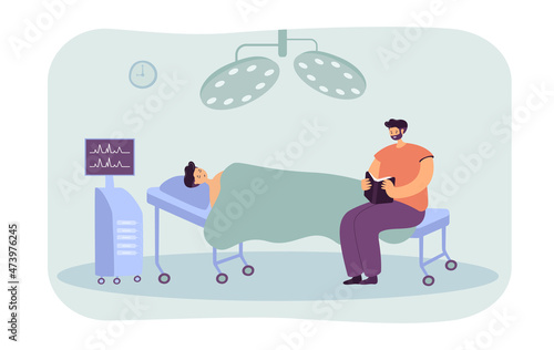 Father reading book to son in coma. Unconscious boy lying in hospital bed, man holding book flat vector illustration. Family, health, love, care concept for banner, website design or landing web page
