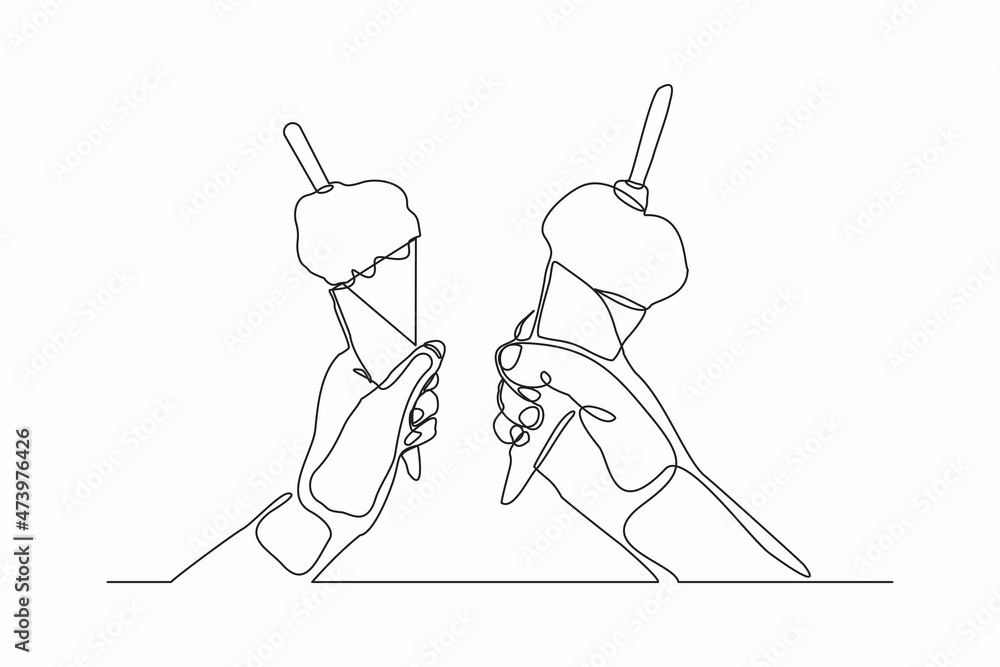 Obraz premium Continuous line drawing two hand hold and cheers delicious fresh of ice cream cone. Single one line art of two hand holding sweet ice cream gelato desert. Vector illustration
