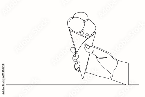 Continuous line drawing hand holding delicious fresh of ice cream cone. Single one line art of hand holding sweet ice cream gelato desert. Vector illustration