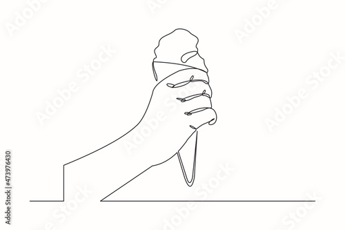 Continuous line drawing hand holding delicious fresh of ice cream cone. Single one line art of hand holding sweet ice cream gelato desert. Vector illustration
