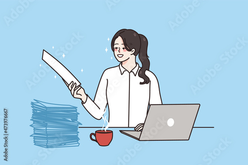 Happy female employee working on laptop in office with paperwork excited with good financial result in report. Smiling businesswoman busy at computer hand document. Flat vector illustration. 