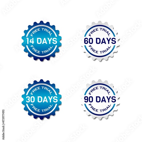 Free Trial Badges. 14, 30, 60, and 90 day sticker. Vector illustration in flat paper style with gradient blue and white color. Premium and luxury design template
