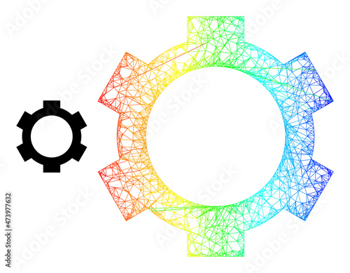 Network cog carcass illustration with spectrum gradient. Bright carcass network cog icon. Flat carcass created from cog pictogram and crossing lines.