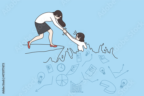 Businesswoman help female colleague come out of work crisis. Woman employee give hand to coworker. Mentoring and partnership concept. Job friendship and assistance. Vector illustration. 