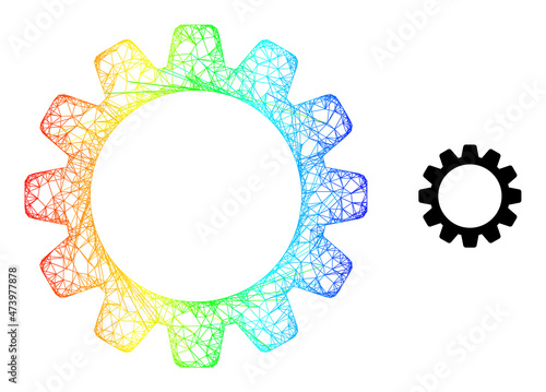 Crossing mesh cog frame icon with spectral gradient. Colorful carcass mesh cog icon. Flat model created from cog icon and crossed lines.