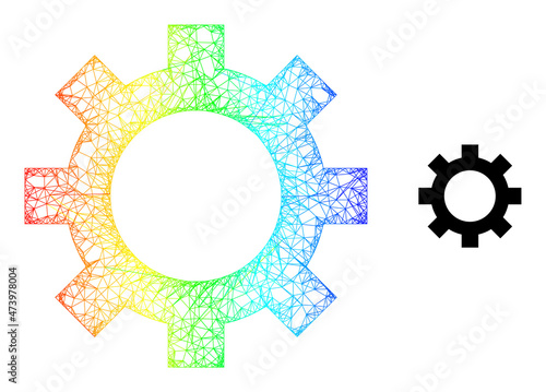 Crossing mesh cog carcass icon with spectral gradient. Colorful frame mesh cog icon. Flat frame created from cog pictogram and crossing lines.
