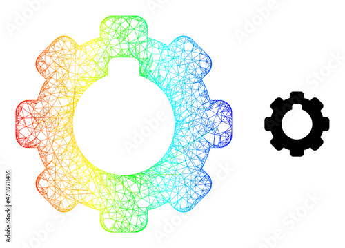 Mesh net cogwheel carcass illustration with spectrum gradient. Bright frame net cogwheel icon. Flat frame created from cogwheel symbol and intersected lines.