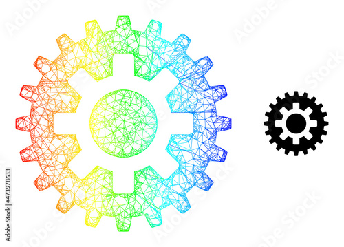 Net cogwheel carcass icon with rainbow gradient. Colorful carcass net cogwheel icon. Flat structure created from cogwheel symbol and intersected lines.