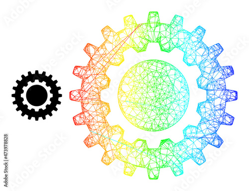 Net cogwheel carcass icon with spectral gradient. Vibrant carcass network cogwheel icon. Flat carcass created from cogwheel icon and crossing lines.