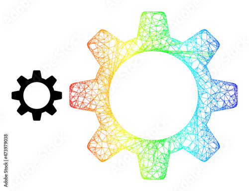 Mesh net cogwheel carcass icon with spectrum gradient. Bright carcass mesh cogwheel icon. Flat model created from cogwheel icon and intersected lines.