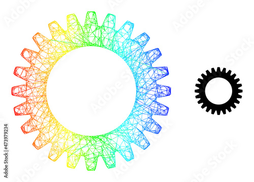 Net mesh cogwheel wireframe icon with spectrum gradient. Colored frame mesh cogwheel icon. Flat carcass created from cogwheel icon and crossing lines.