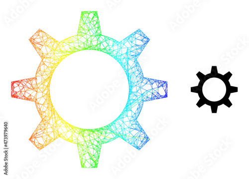 Network cogwheel carcass icon with rainbow gradient. Colorful carcass mesh cogwheel icon. Flat carcass created from cogwheel icon and crossed lines.