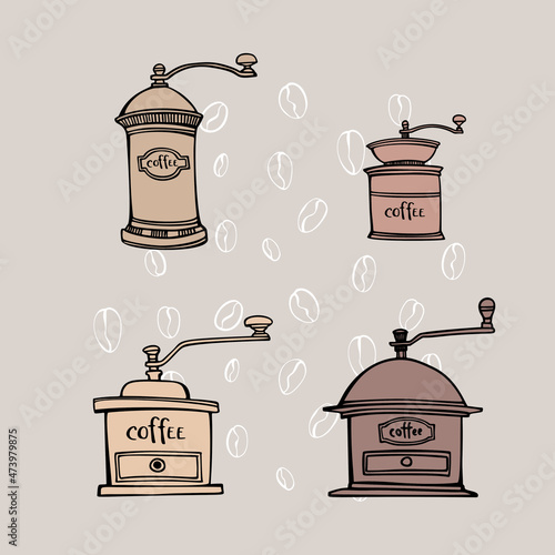 Vintage Coffee mills set. Hand drawn line sketch. Coffee grinder. Colourful vector illustration on sepia.