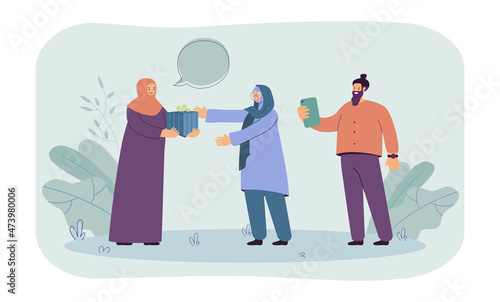 Man taking photo of Islamic woman giving gift box to mother. Arabic family celebrating Ramadan by giving presents flat vector illustration. Celebration, religion concept for banner, website design