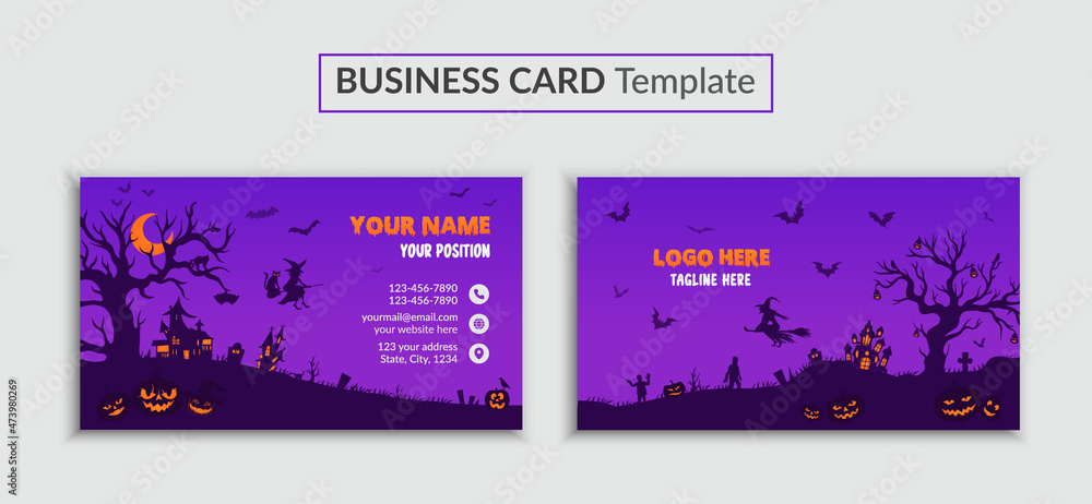 Halloween Business Card, Banner, or Party Invitation Background with Pumpkin, Witch Hat, Zombie, and Bat. Vector, Creative and Simple Business Card Design Template