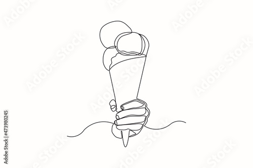 Continuous line drawing hand holding delicious fresh of ice cream cone. Single one line art of hand holding sweet ice cream gelato desert. Vector illustration