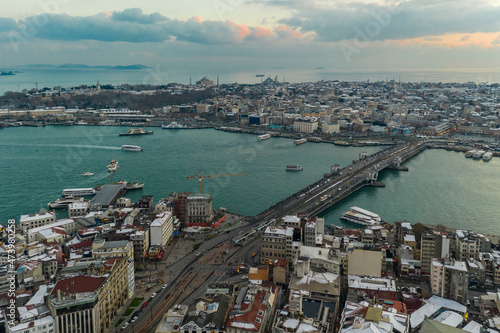 Turkey, Istanbul, Aerial view of Golden Horn and Galata Bridge photo