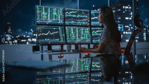 Financial Analyst Working on a Computer with Multi-Monitor Workstation with Real-Time Stocks, Commodities and Exchange Market Charts. Businesswoman Drnking Coffee at Work in Investment Bank Office. photo