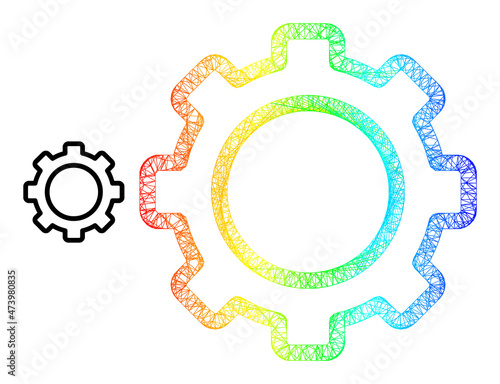 Net mesh contour gear carcass icon with spectral gradient. Vibrant carcass mesh contour gear icon. Flat structure created from contour gear icon and crossed lines.