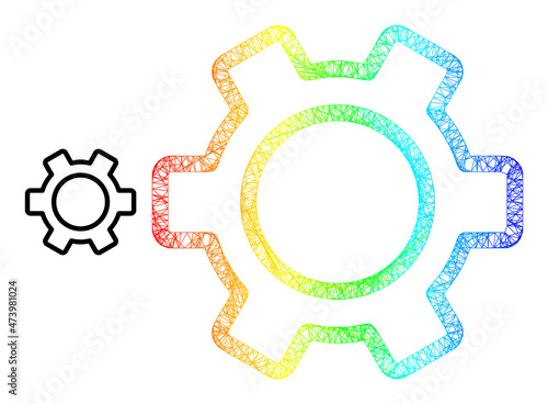 Crossing mesh contour gear frame icon with rainbow gradient. Colored carcass mesh contour gear icon. Flat carcass created from contour gear icon and crossing lines.