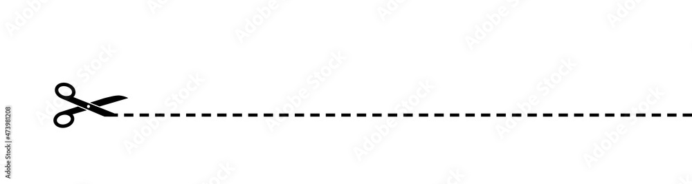 Scissor with dot line. Black scissors isolated on background. Cut coupon. Snip ribbon. Separation element. Scissor with ribbon for design dash border page. Dotted outline on paper. Shear mark. Vector Scissor with dot line. Black scissors isolated on background. Cut coupon. Snip ribbon. Separation element. Scissor with ribbon for design dash border page. Dotted outline on paper. Shear mark. Vector