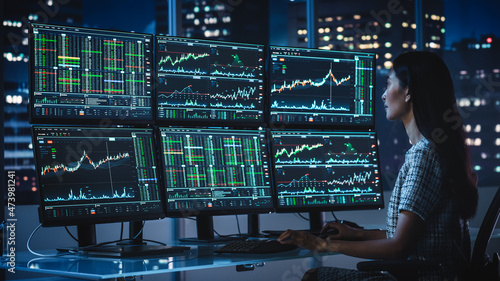 Fotografie Financial Analyst Working on a Computer with Multi-Monitor Workstation with Real-Time Stocks, Commodities and Exchange Market Charts