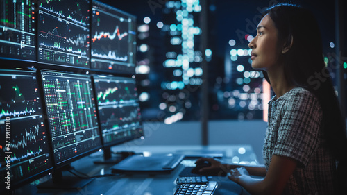 Portrait of a Financial Analyst Working on Computer with Multi-Monitor Workstation with Real-Time Stocks, Commodities and Exchange Market Charts. Businesswoman at Work in Investment Broker Agency. photo