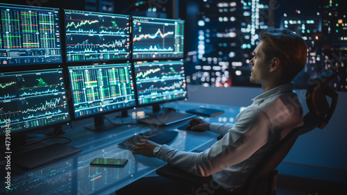 Financial Analyst Working on a Computer with Multi-Monitor Workstation with Real-Time Stocks, Commodities and Foreign Exchange Charts. Businessman Works in Investment Bank City Office Late Evening.