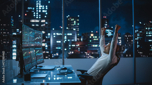 Stock Market Day Trader Working on Computer with Multi-Monitor Workstation with Real-Time Investment, Commodities and Foreign Exchange Charts. Successful Businessman Punches Air for Winning a Trade. photo