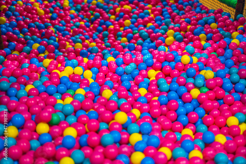 Beautiful view of with plastic balls indoor playground in activity center. Sweden.