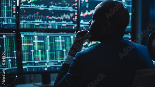 Close Up Portrait of Financial Analyst Working on Computer with Multi-Monitor Workstation with Real-Time Stocks, Commodities and Exchange Market Charts. Businesswoman at Work in Investment Agency.